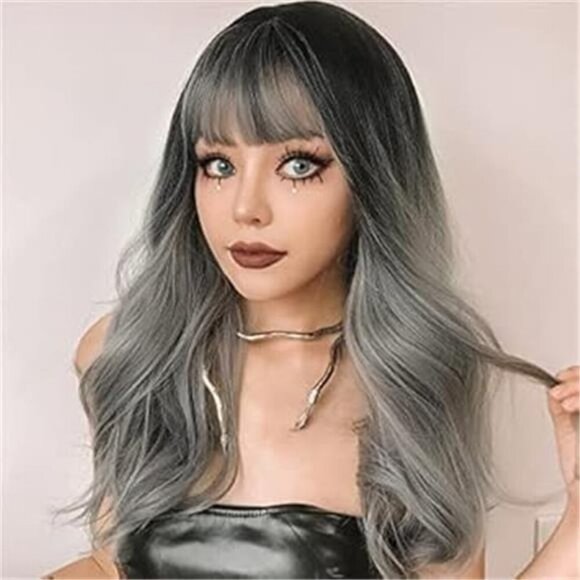Womens Wigs with Bangs, Synthetic Ombre Grey - Picture 3 of 7